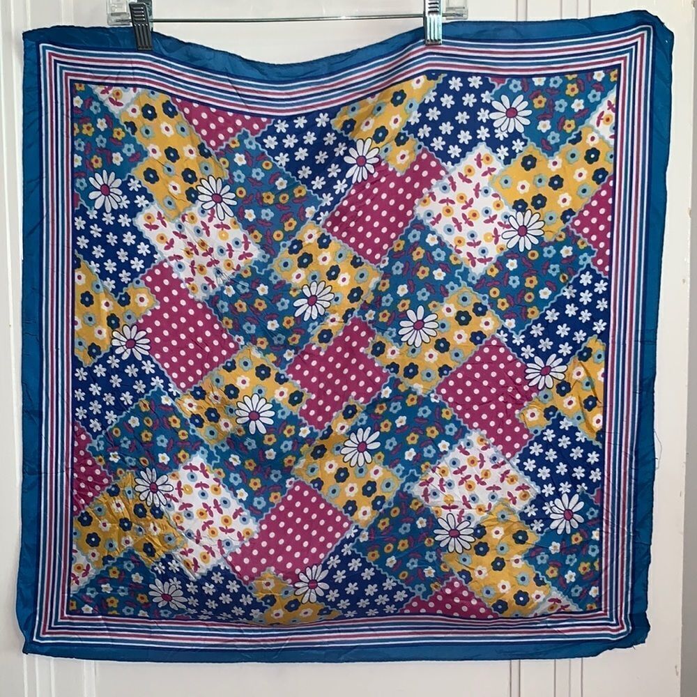 Vtg blue & pink flower power polyester scarf‎